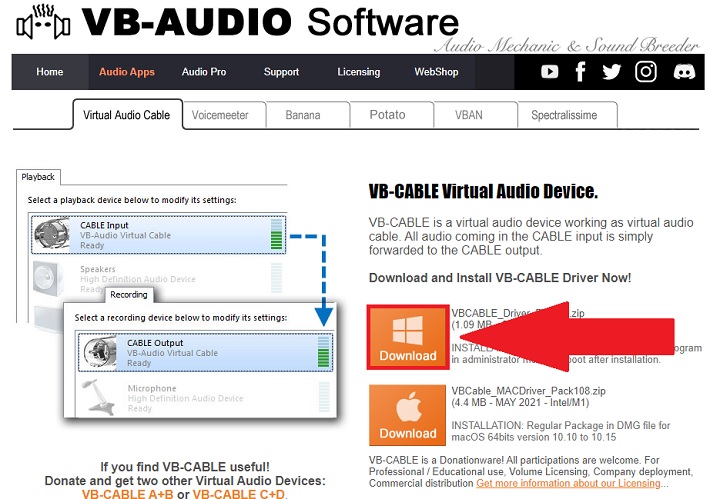 「VB-Audio Software​」公式HPから「VB-CABLE」をダウンロード